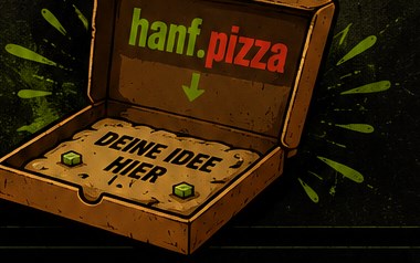 Offener hanf.pizza Karton mit „Deine Idee hier“